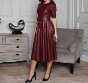 Women Vintage A Line Leather Short Sleeve O Neck Dress dylinoshop