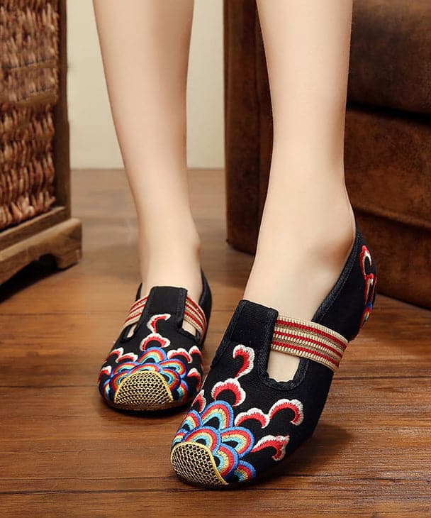 Handmade Black Embroideried Cotton Fabric Flat Shoes SHOE-PDX220328