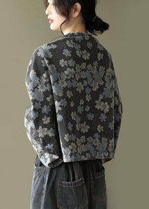 Handmade Black Floral Pockets Denim Long sleeve Short Coats GK-LTP210708