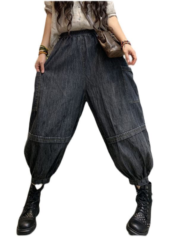 Handmade Black high waist Patchwork denim Pants Spring NZ-LPTS220105