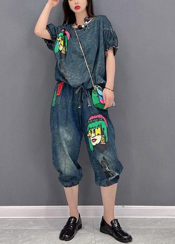 Handmade Blue O-Neck wrinkled Appliques Denim tops and pants Two Piece Set Women Clothing Short Sleeve JDML-STP220329