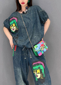 Handmade Blue O-Neck wrinkled Appliques Denim tops and pants Two Piece Set Women Clothing Short Sleeve JDML-STP220329