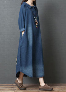 Handmade Blue PeterPan Collar Pockets  Patchwork Fall Denim Long sleeve Dresses BSNZ-FDM211014