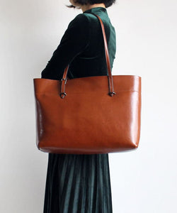 Handmade Brown Solid Color Calf Leather Shopping Bag Satchel Handbag ZP-BGS220816