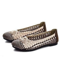 Handmade Pointed Toe Flat Shoes For Women Beige Coffee Knit Fabric Flats BX-PDX220407