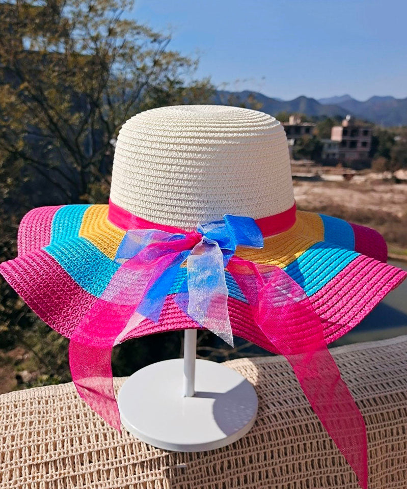 Handmade Rainbow Stripe Straw Woven Floppy Sun Hat dylinoshop
