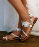 Handmade White Lace Fabric Walking Sandals Cross Strap Flats Sandals Boho-LX220531