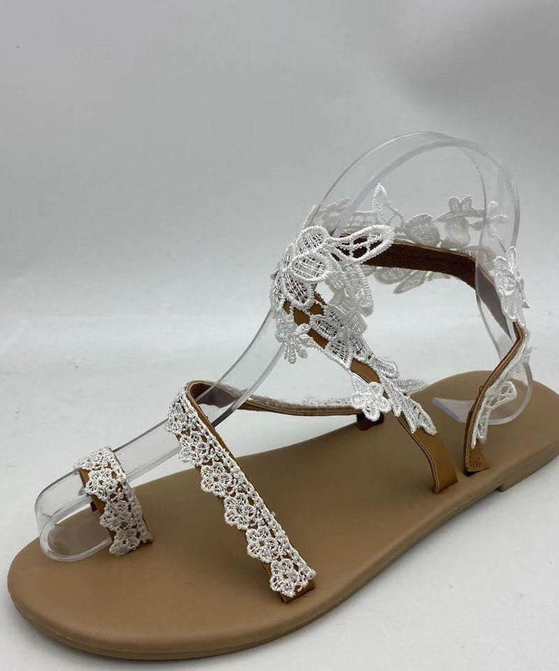 Handmade White Lace Fabric Walking Sandals Cross Strap Flats Sandals Boho-LX220531