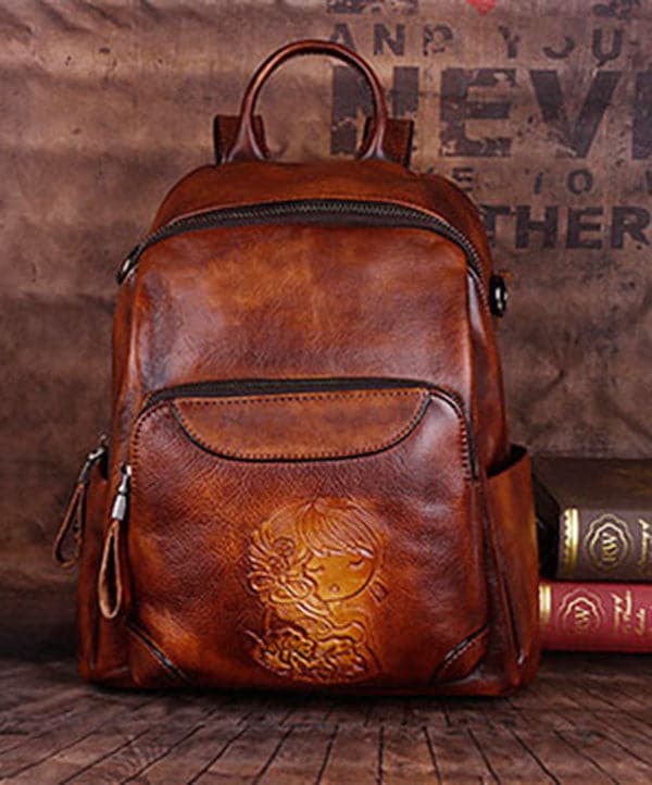 Handmade Yellow Versatile Paitings Calf Leather Backpack Bag BGS211230