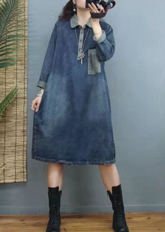 Handmade Blue V Neck Patchwork denim Dresses Winter FJ-FDL211209