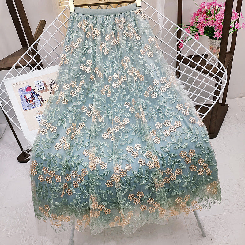 Women Embroidery Floral Mesh Long Skirt dylinoshop