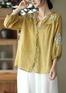 Italian Yellow Embroideried Lace Patchwork Linen Shirt Tops Bracelet Sleeve GK-HTP220815