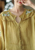 Italian Yellow Embroideried Lace Patchwork Linen Shirt Tops Bracelet Sleeve GK-HTP220815