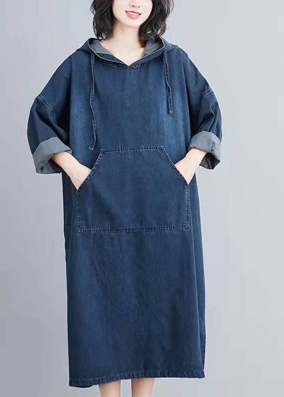 Italian Hooded Pockets Spring Clothes Women Denim Blue Traveling Dresses FDL210124