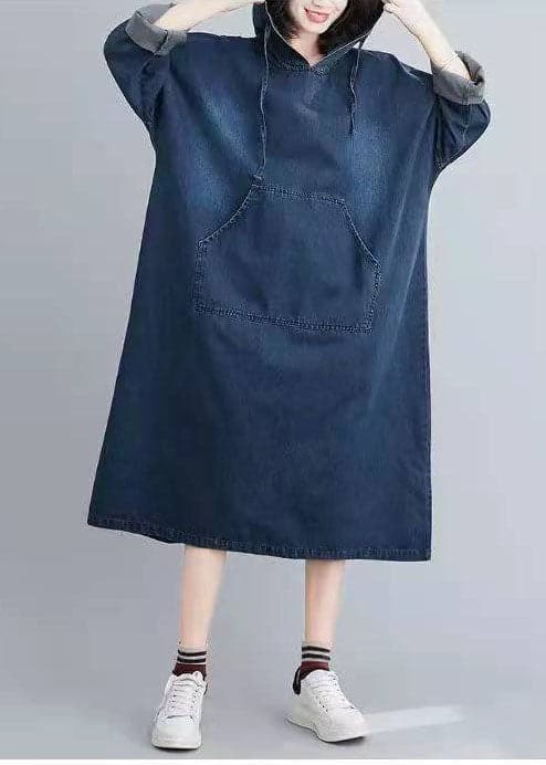 Italian Hooded Pockets Spring Clothes Women Denim Blue Traveling Dresses FDL210124
