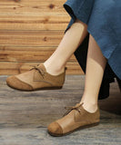 Khaki Genuine Leather Flat Shoes For Women Lace Up Splicing Flat Shoes PDX210712