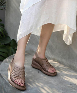 Khaki Sandals Wedge Cowhide Leather Plus Size Sandals LX210723