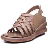 Khaki Sandals Wedge Cowhide Leather Plus Size Sandals LX210723