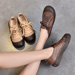 Leather Women's Casual Shoes LGCSS03 Flat Biscuit Toe Layer Sneakers Touchy Style
