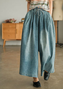 Loose Blue Cinched Pockets denim wide leg pants Spring ZMQH-LPTS220114
