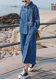 Loose Blue Pockets Button asymmetrical design Fall Denim Long sleeve Long Dress BSNZ-FDM211014