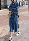 Loose Blue Pockets Button asymmetrical design Fall Denim Long sleeve Long Dress BSNZ-FDM211014