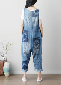 Loose Blue hole V Neck Print Cotton denim Jumpsuits Spring dylinoshop