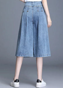Loose Denim Blue High Waist Wrinkled Pockets Cotton Wide Leg Crop Pants Summer nz-CPTS220526