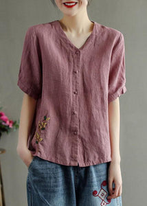 Loose Pink V Neck Embroideried Floral Summer Linen Shirt GK-STP210715