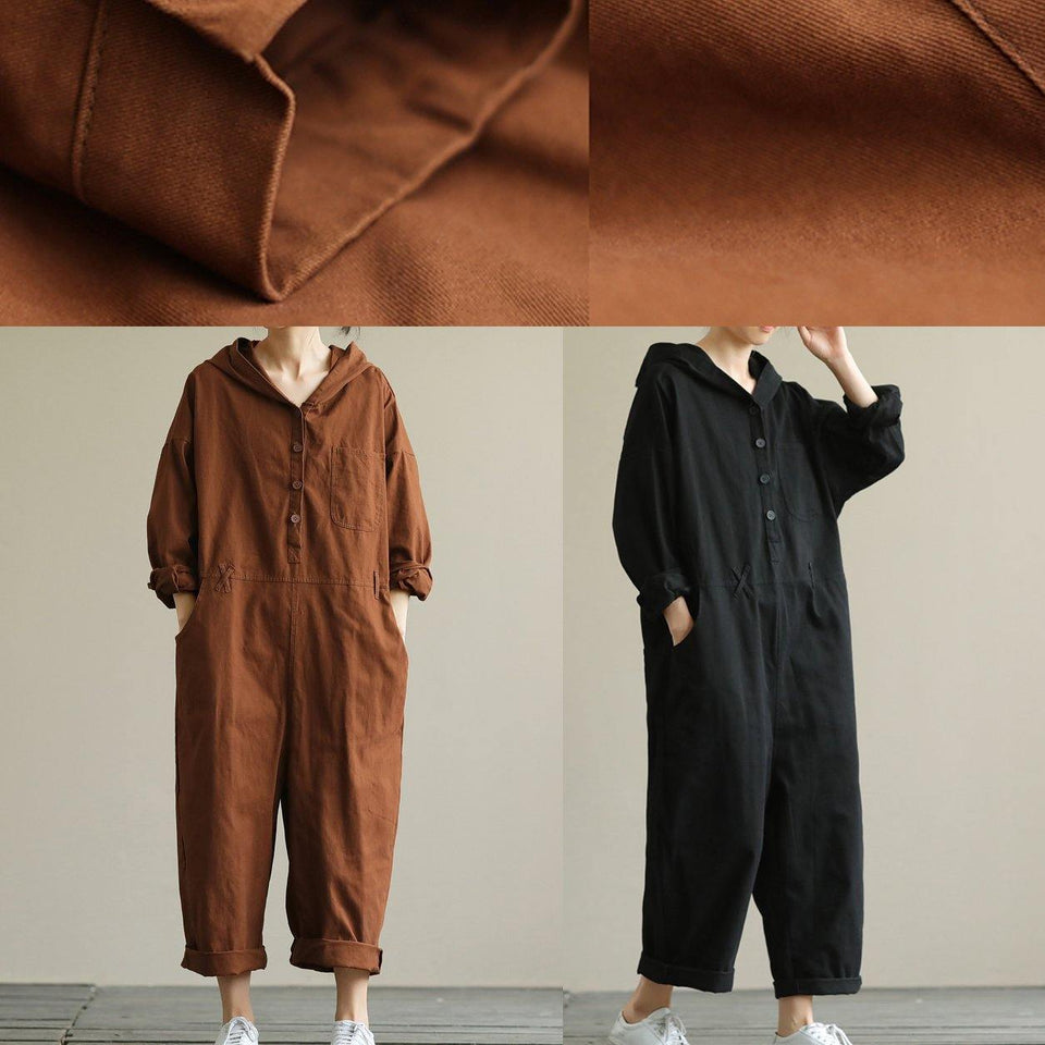 Loose hooded brown all-match long-sleeved ladies nine-point jumpsuit dylinoshop