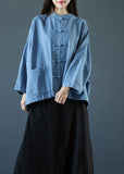 Loose stand collar Chinese Button clothes For Women Sleeve denim light blue shirts LTP200922