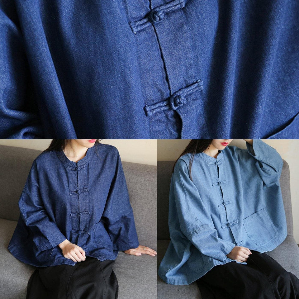 Loose stand collar Chinese Button clothes For Women Sleeve denim light blue shirts LTP200922