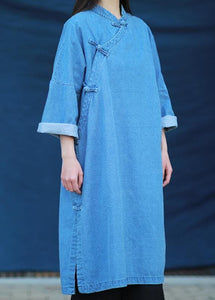 Loose stand collar Tunic Photography denim light blue Dress FDL200922