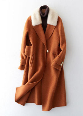 Luxury oversize trench coat fur collar brown Notched woolen overcoat TCT190821