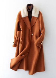 Luxury oversize trench coat fur collar brown Notched woolen overcoat TCT190821