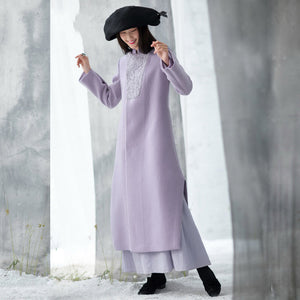 Luxury purple Woolen Coats trendy plus size side open long winter coat embroidery outwear TCT181116