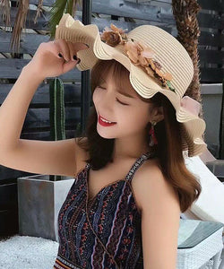 Modern Beige Wave Brim Applique Knit Beach Floppy Sun Hat dylinoshop