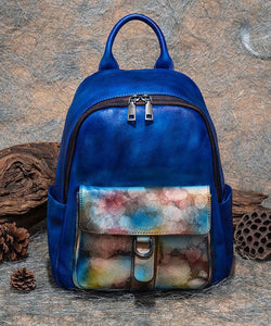 Modern Blue Print Paitings Calf Leather Backpack Bag BGS211230