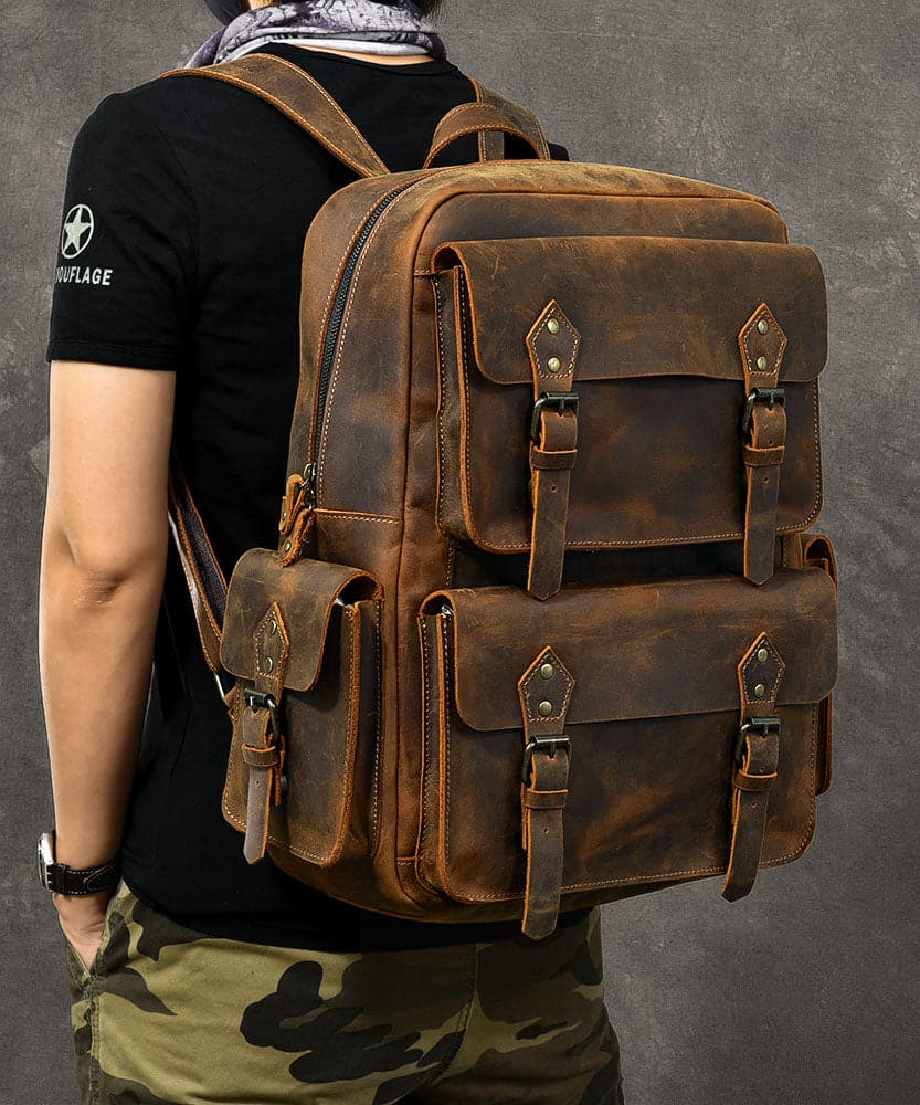 Modern Brown Calf Leather Pockets Solid Color Backpack Bag ZP-BGS220816
