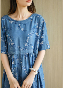 Modern Denim Blue O-Neck Print Summer Cotton Dress Short Sleeve TR-SDL210805