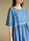 Modern Denim Blue O-Neck Print Summer Cotton Dress Short Sleeve TR-SDL210805