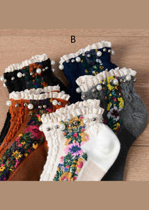 Modern Nail bead Ruffles Floral Cotton Ankle Socks dylinoshop