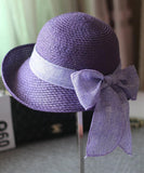 Modern Purple Bow Straw Woven Holiday Floppy Sun Hat dylinoshop