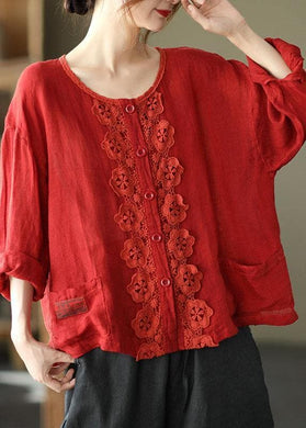 Modern Red Hollow Out Embroideried Pockets Fall Long Sleeve Shirt Tops GK-LTP210810