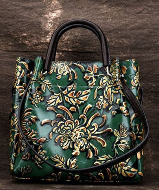 Natural Green Floral Paitings Calf Leather Satchel Handbag ZPBAG-BGS220209