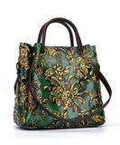 Natural Green Floral Paitings Calf Leather Satchel Handbag ZPBAG-BGS220209