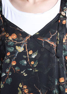 Natural Green V Neck Print Silk Overalls Jumpsuit Spring dylinoshop