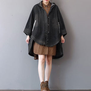 New dark gray denim coats trendy plus size hooded trench coat fine low high design coat CTS180907