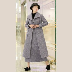 New light purple woolen outwear trendy plus size tei waist long coats pockets coats TCT181116