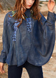 Novelty denim Blue asymmetrical design Peter Pan Collar Embroideried Cotton Top Long Sleeve nz-LTP220304